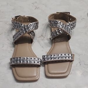Size 7M DKNY studded Strappy Sandals in Beige and Silver - Women. New